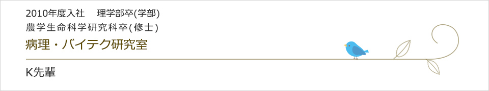 2010年度入社 理学部卒(学部) 農学生命科学研究科卒(修士) 病理・バイテク研究室 K先輩